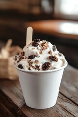 Ice cream decorated with raisin grains
