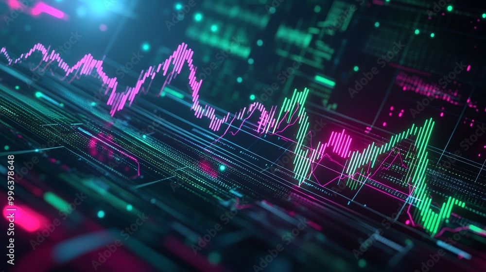 Poster abstract financial data visualization with colorful graphs and digital interface elements on a dark 