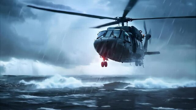 A helicopter flying over turbulent ocean waters under a stormy sky with rain and high waves.