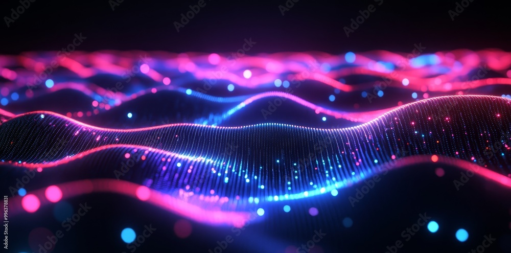 Poster Background with bokeh lights and glowing neon pink lines. Data transfer concept. Stocked Digital Wallpaper