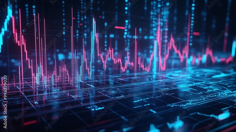 Poster abstract financial data visualization with glowing graphs and charts in blue and pink tones.