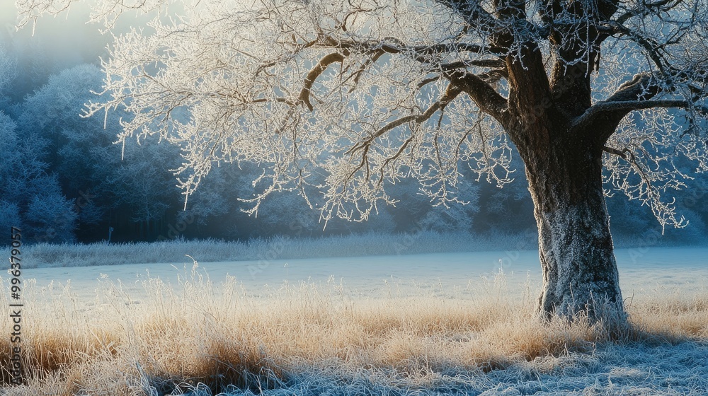 Poster a close up of a frosted tree and meadow showcasing the enchanting texture created by hoarfrost and s