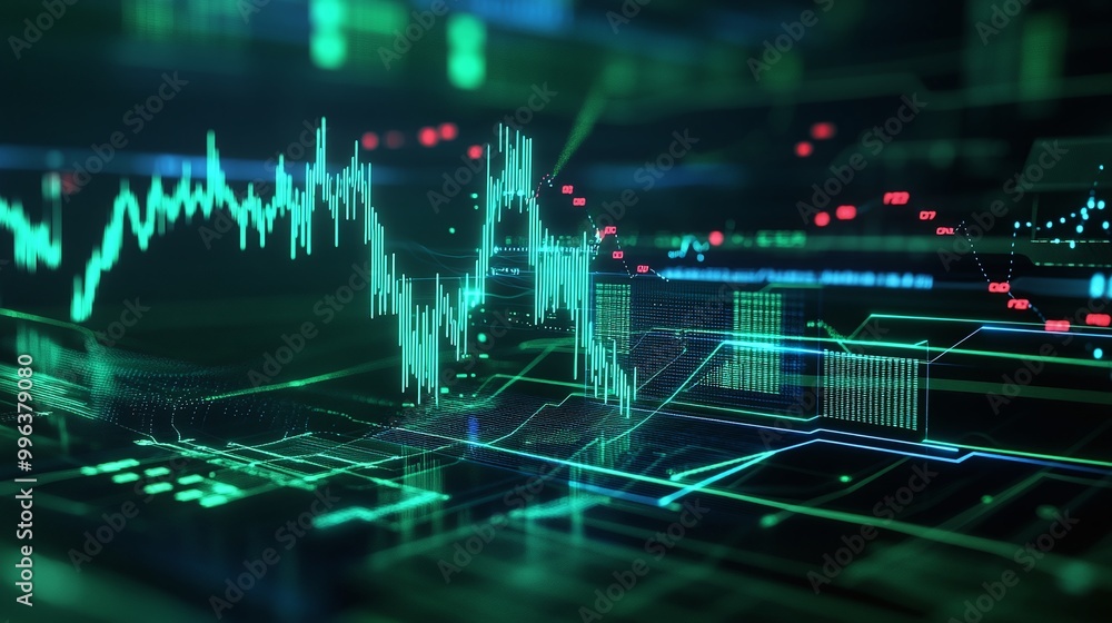 Poster abstract financial data visualization with glowing graphs and charts on digital interface.