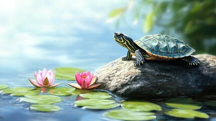 Obraz premium A baby turtle catching some sun on a rock, surrounded by lily pads and bright blue water under a clear sky.