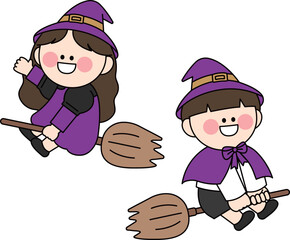 A girl and a boy wearing a witch hat are playing on a broom