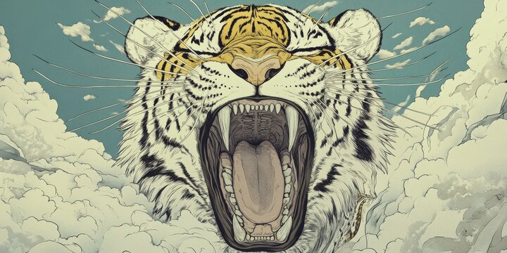 A stylized tiger roars powerfully, emerging from dramatic clouds against a blue sky, showcasing strength and wild beauty.