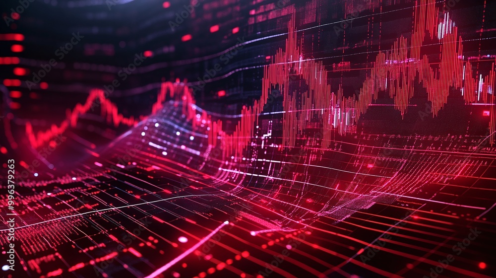 Poster abstract financial data visualization with glowing red and blue lines representing market trends and