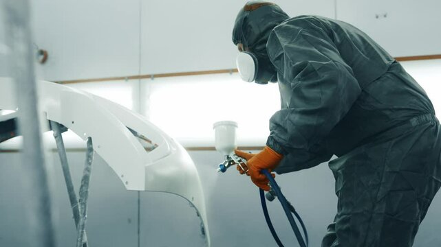 Spraying high-quality paint on a car bumper in a professional auto body shop