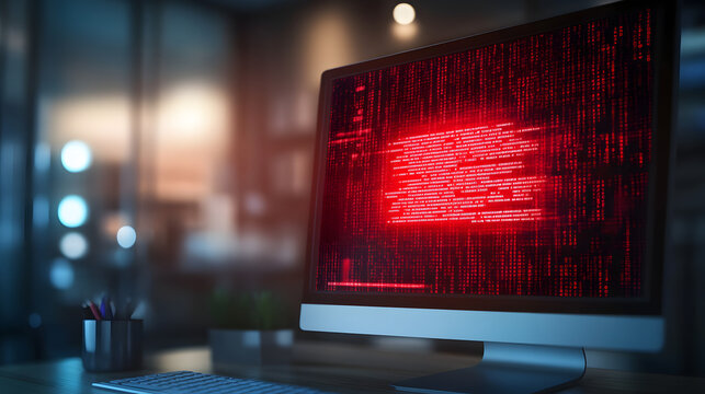Computer screen showing red ransomware warning message in home office setting, highlighting cybersecurity threats and digital safety concerns
