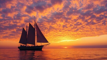 Fototapeta premium A beautiful sunset view of a classic sailing boat, silhouetted against the orange and pink hues of the sky, with its sails down.
