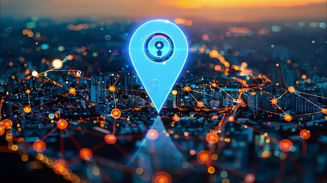 A digital map location pin over a cityscape with interconnected nodes, representing navigation and data connectivity.