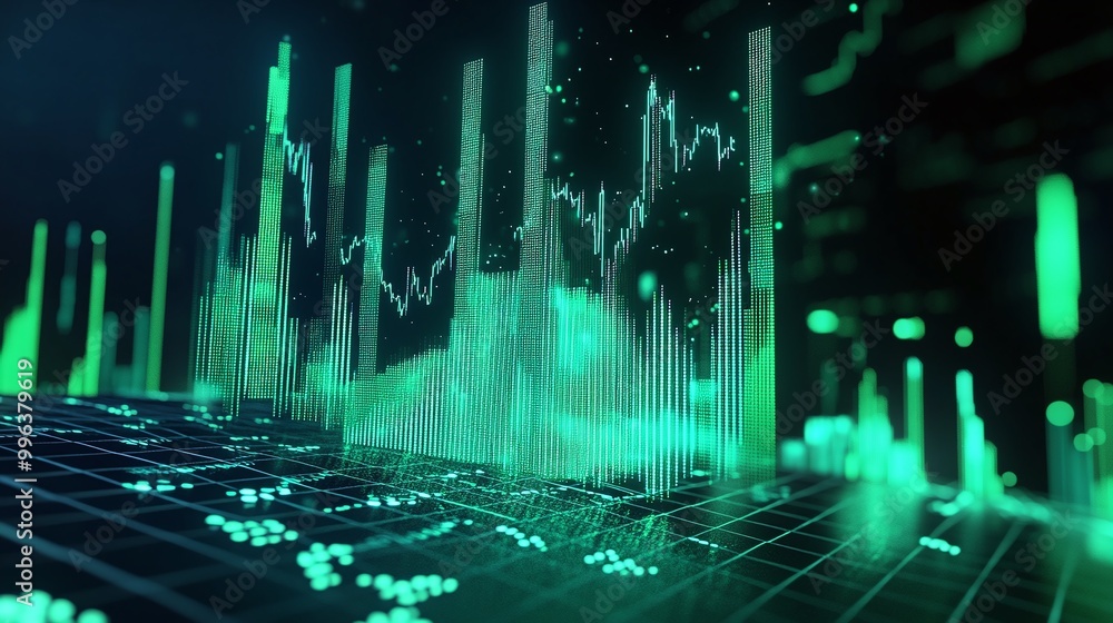 Poster abstract financial data visualization with green graphs and dynamic charts, representing market anal