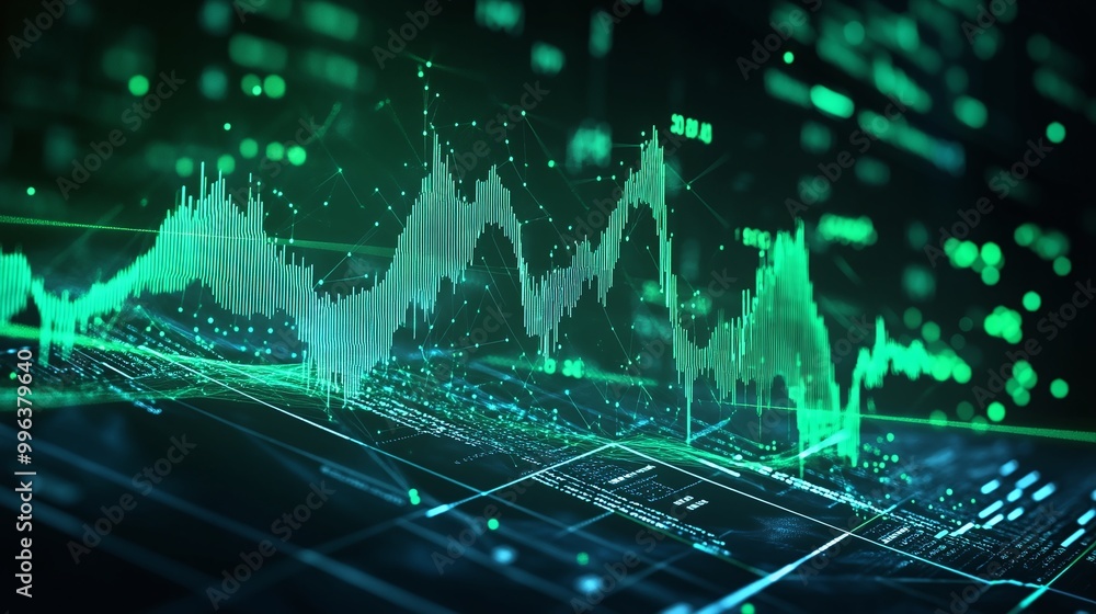 Poster abstract financial data visualization with green line graphs and digital elements on a dark backgrou