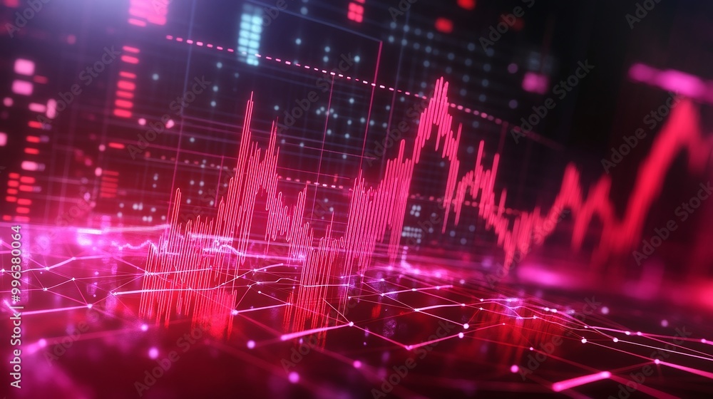 Poster abstract financial data visualization with red trend lines on a digital background.