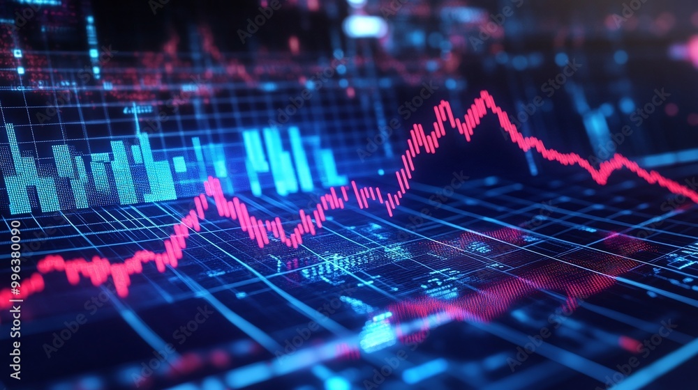 Poster abstract financial data visualization with stock market graphs and glowing blue and red lines on a d