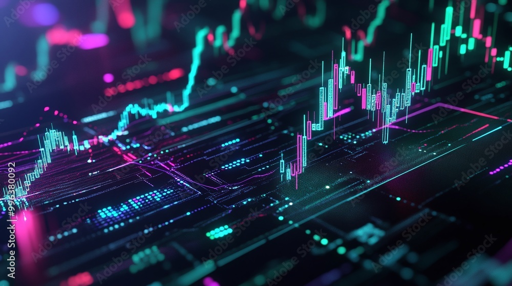 Poster abstract financial data visualization with vibrant colors and dynamic trends on a digital display.