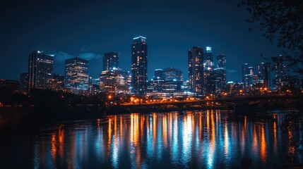 Naklejka premium A breathtaking night view of downtown skyscrapers illuminated against a deep blue sky, with sparkling city lights reflecting in the river below.
