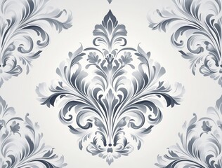 This wallpaper is decorated with an ornate damask flower ornament. The background has a seamless modern feel. It has a white and grey floral ornament. Graphic pattern for fabric, wallpaper and
