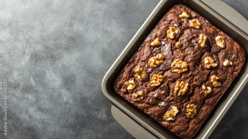 Poster chocolate banana bread with walnuts in a metallic baking pan against a neutral grey backdrop capture