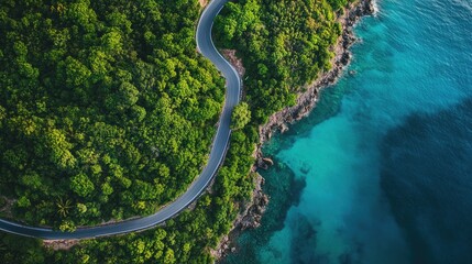 Aerial view of a winding coastal road bordered by vibrant greenery and clear blue waters highlighting a stunning landscape ideal for travel and exploration