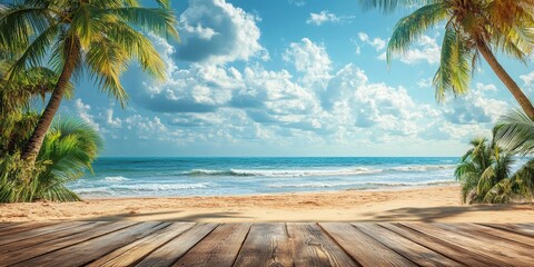 Obraz premium Relaxing Beach Scene with Palm Trees and Ocean View