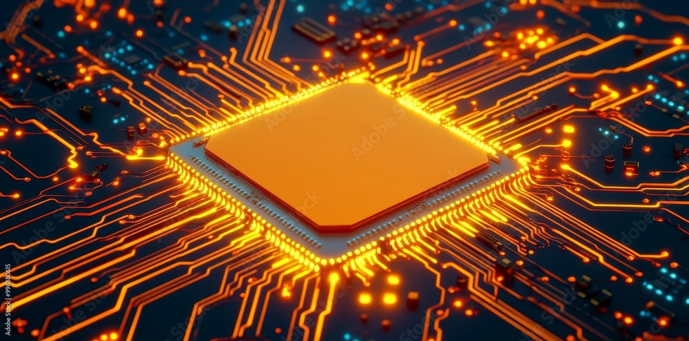 Aufkleber an elegant 3d rendering of an electronic chip, exhibiting electron paths and pulses along circuits, 