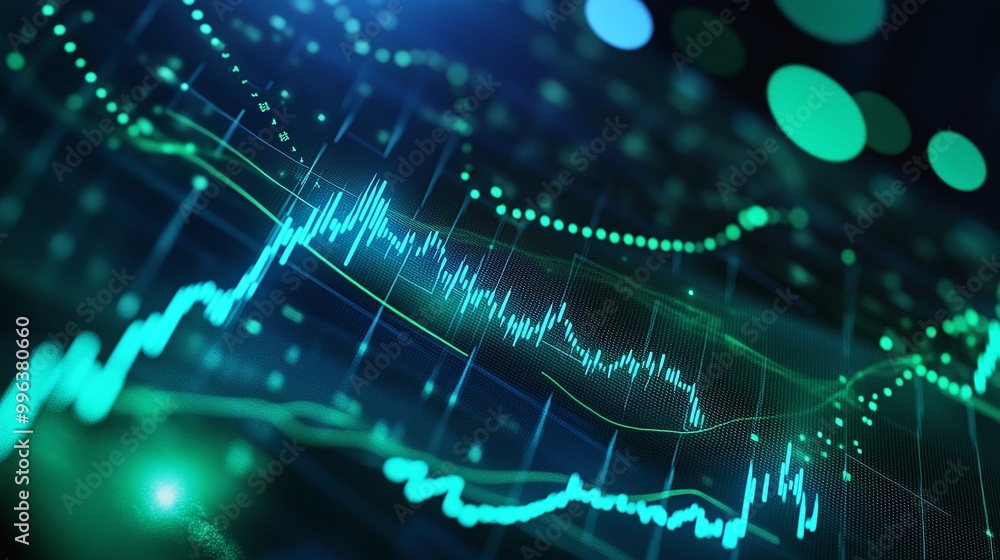 Poster abstract financial graph with data visualization elements on a digital background.