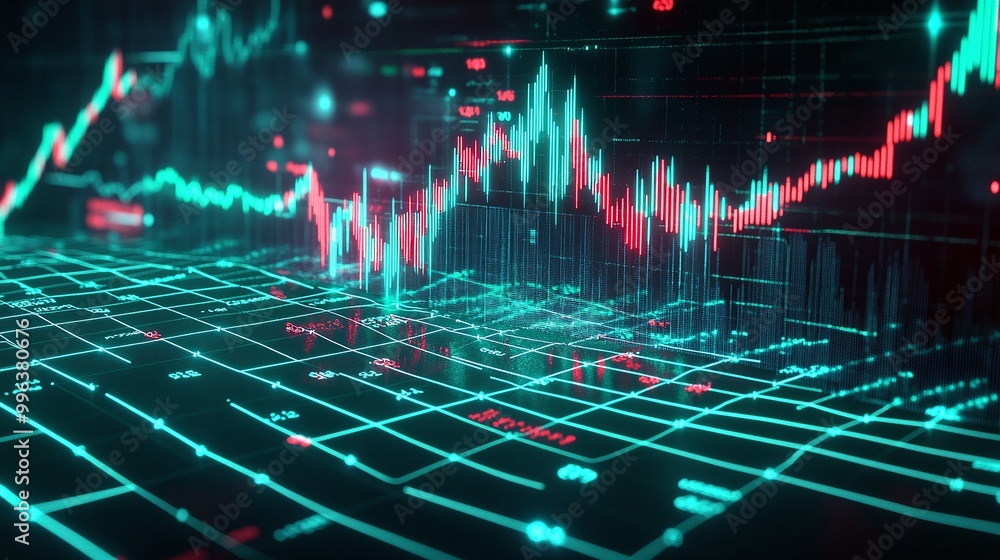 Poster abstract financial graph with colorful stock market data displayed on a digital interface.