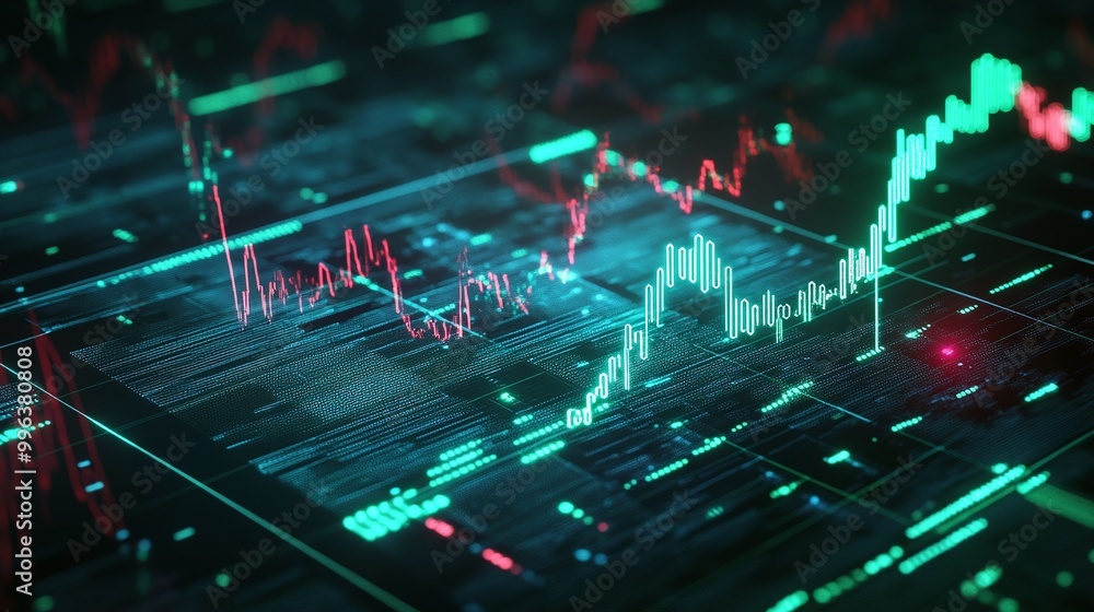 Poster abstract financial graph with glowing data points and indicators on a digital screen.
