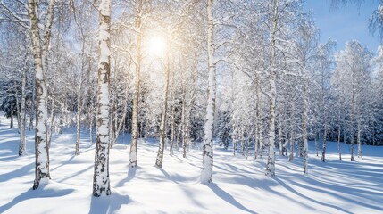 Obraz premium Birch trees gently blanketed in snow under a bright sunny sky during winter