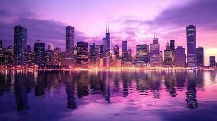 Obraz premium A city skyline at dusk, with purple hues reflecting off the skyscrapers and water below.