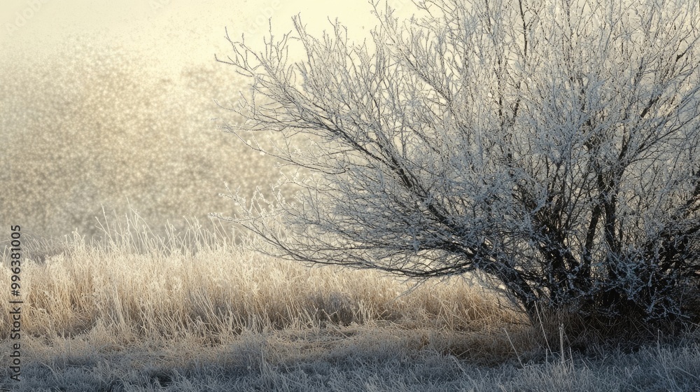 Poster a close up of a frosted tree and meadow showcasing the enchanting texture created by hoarfrost and s