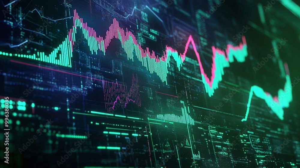 Poster abstract financial graphic with colorful lines representing market trends and data analysis on a dar