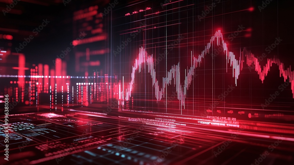 Poster abstract financial market analysis with red graph and digital data visualization.
