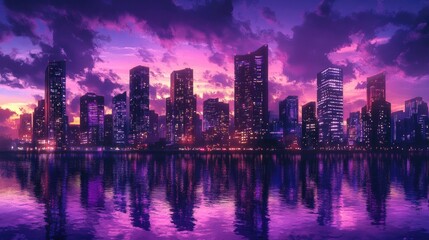 Fototapeta premium A city skyline at dusk, with purple hues reflecting off the skyscrapers and water below.