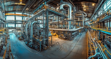 A panoramic view of a large industrial facility with extensive piping networks running along the ceiling and walls, illustrating the scale of piping in modern industry