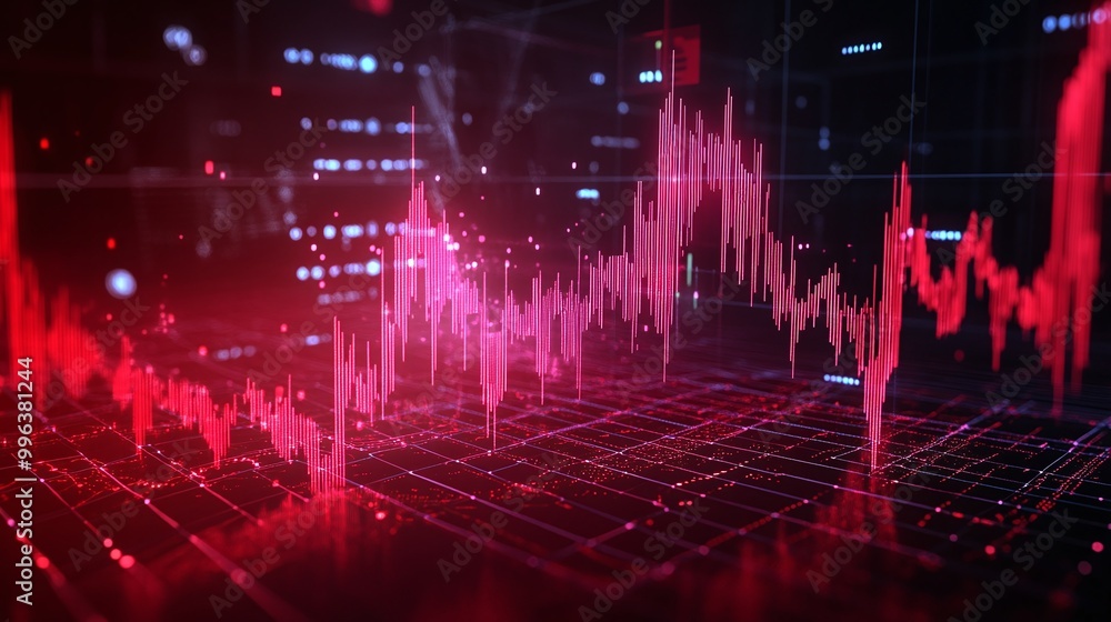 Poster abstract financial trading chart with red upward and downward movement lines on a digital background