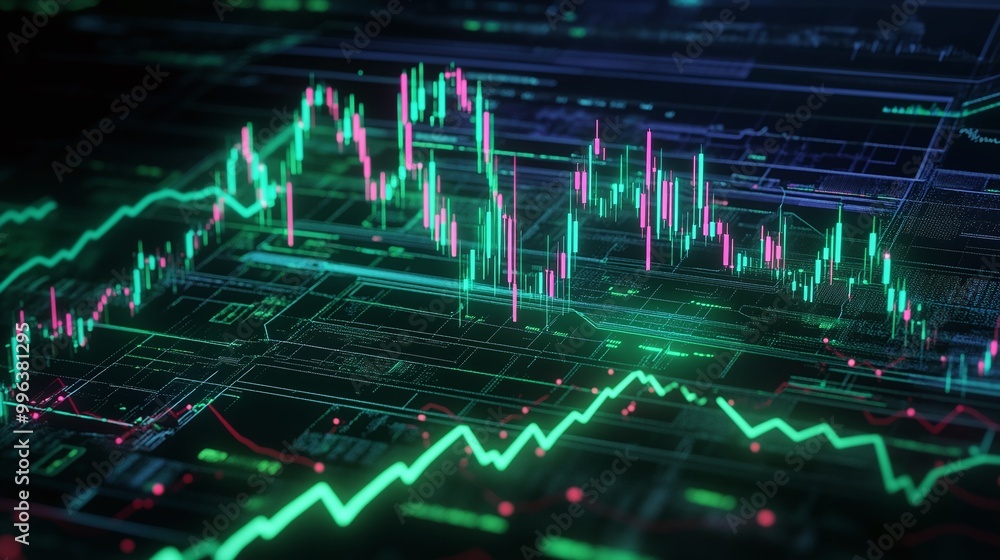 Poster abstract financial trading data visualization with green and pink glowing graphs and numbers on a da