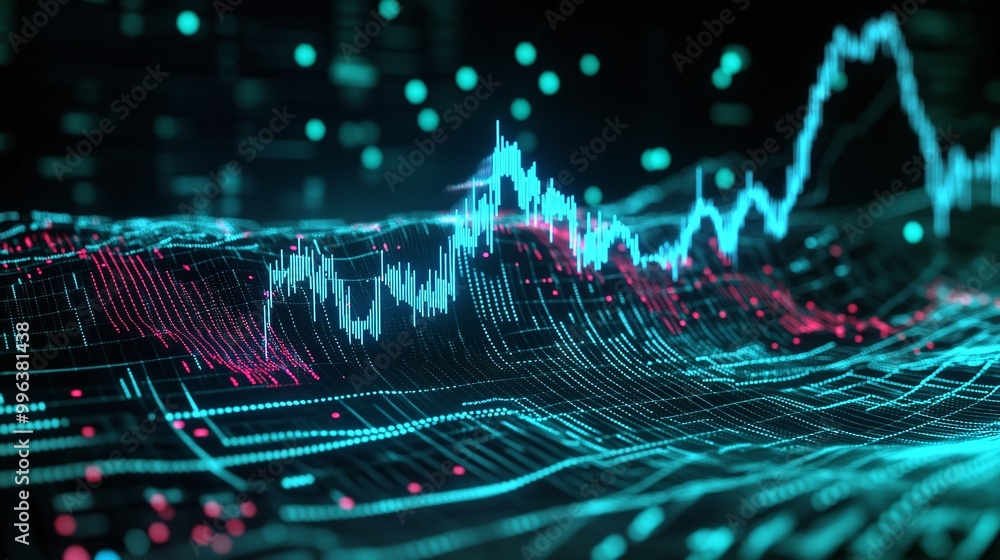 Poster abstract futuristic data visualization with digital graphs and charts on a dark background.