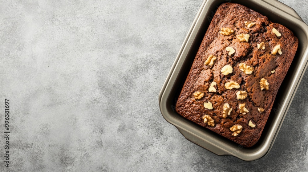 Poster chocolate banana bread with walnuts in a metallic baking pan against a neutral grey backdrop capture