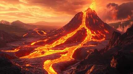 Fototapeta premium Volcanic eruption concept featuring lava flow and surrounding landscape