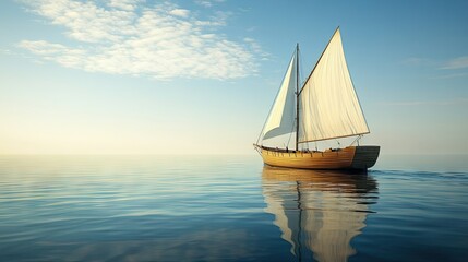 Fototapeta premium A classic wooden sailing boat gliding through calm blue waters, its white sails full of wind against a clear sky.