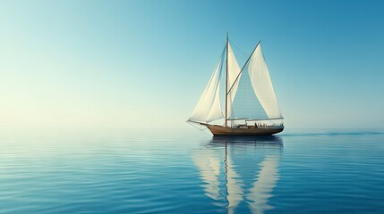 Fototapeta premium A classic wooden sailing boat gliding through calm blue waters, its white sails full of wind against a clear sky.
