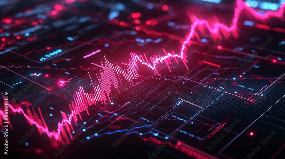 Poster abstract glowing data visualizations with pink and blue tones representing digital growth and analys