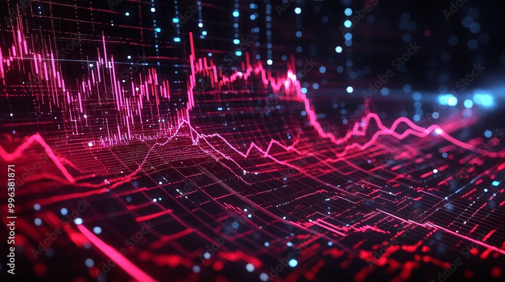 Poster abstract graphic representation of data visualization with dynamic lines and glowing elements in red