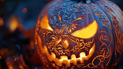 A close-up of a beautifully carved jack-o'-lantern glowing in the dark, with intricate designs and a mysterious background.
