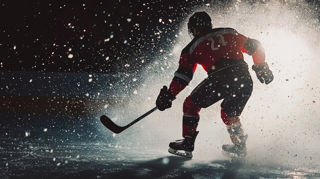 An ice hockey player skates at high speed, surrounded by flying snow, with dramatic backlighting creating a sharp silhouette, capturing the intensity and power of the game.