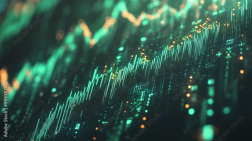 Poster abstract green and orange digital data background with graphical representations and glowing lines.