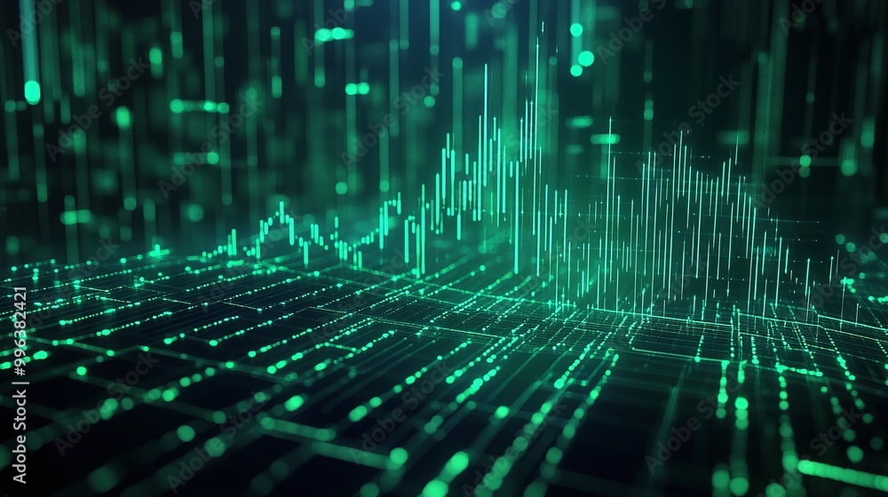 Poster abstract green data visualization with digital graphs and lines on a dark background.