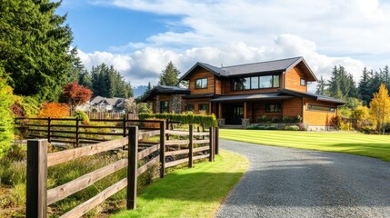 Contemporary Home Surrounded by a Wooden Fence and Well Maintained Lawn in Broad Daylight